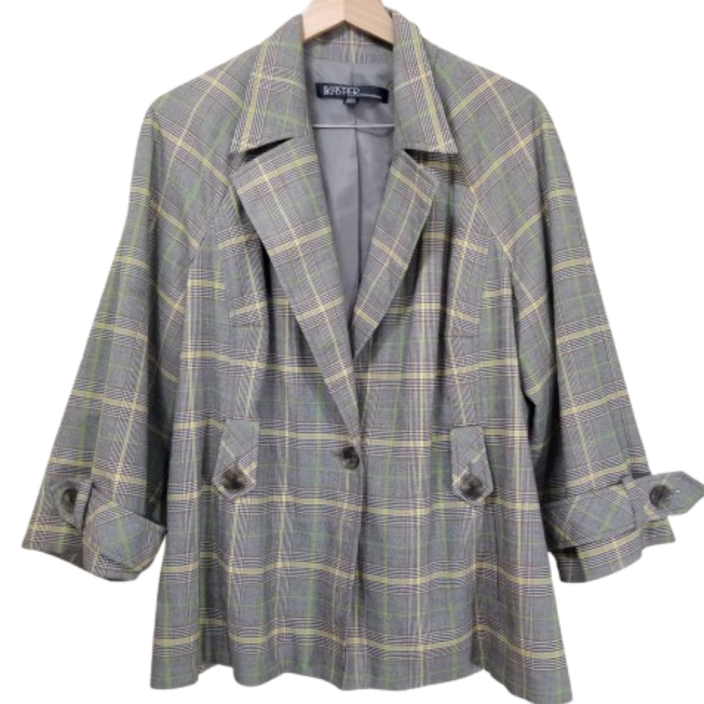 Vintage Kasper Women’s Plaid Blazer Jacket Coat Pockets Gray Green Yellow Sz 20w